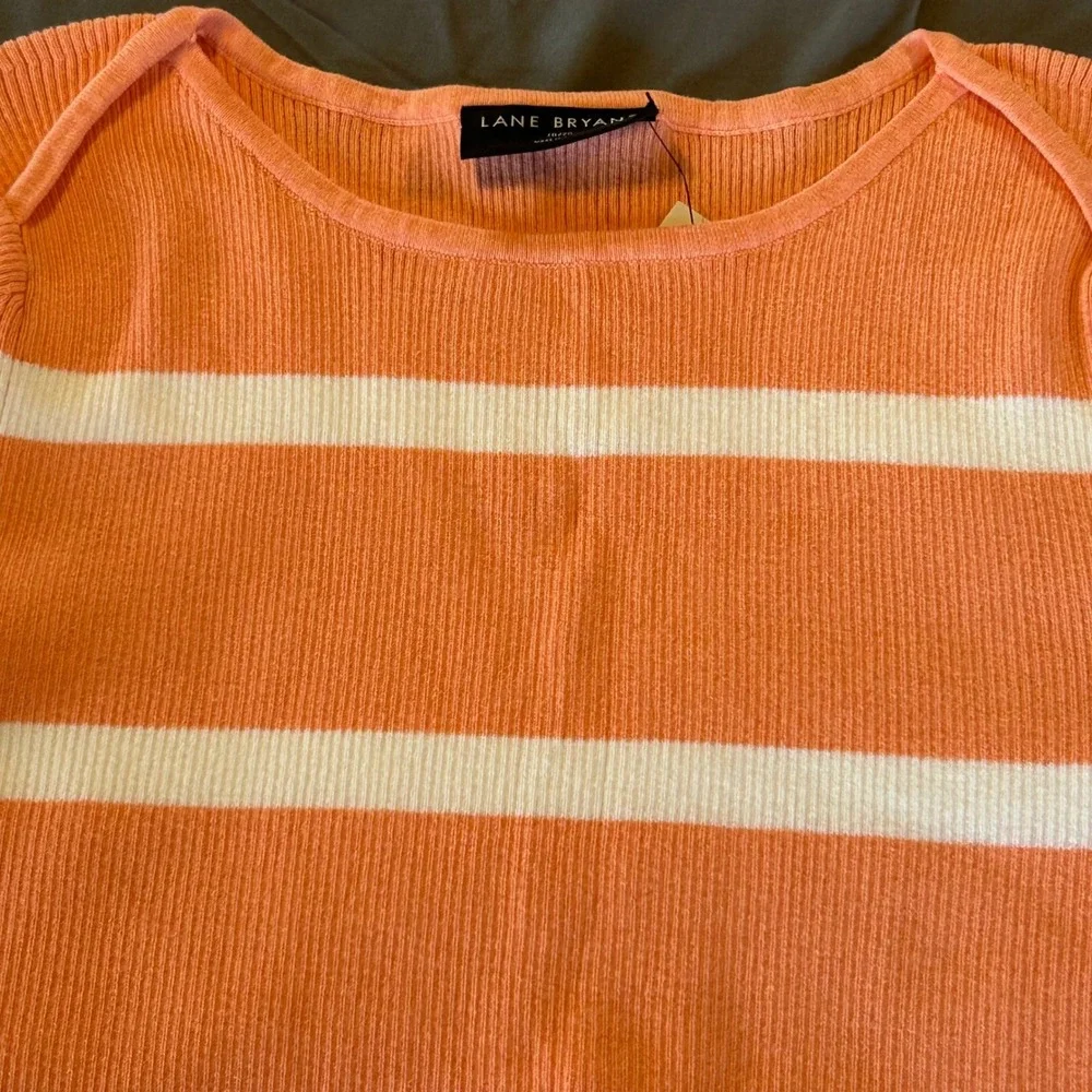 Lane Bryant Striped Sweater Top Women 18/20 Orange White Ribbed Short Sleeve NEW